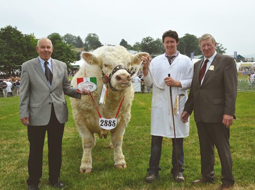 The BCCS President Ralph Needham and the judge Peter Donger congratulated Nairn Wyllie on winning the supreme charolais championship